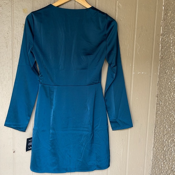 Lulu’s inspired confidence dark teal satin long sleeve mini dress - Picture 6 of 9